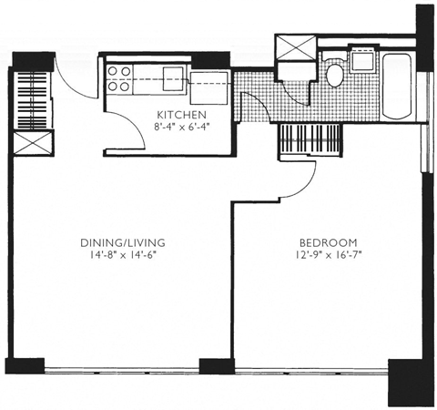 Floor plan for 1 bed, 1 bath, 661 sqft